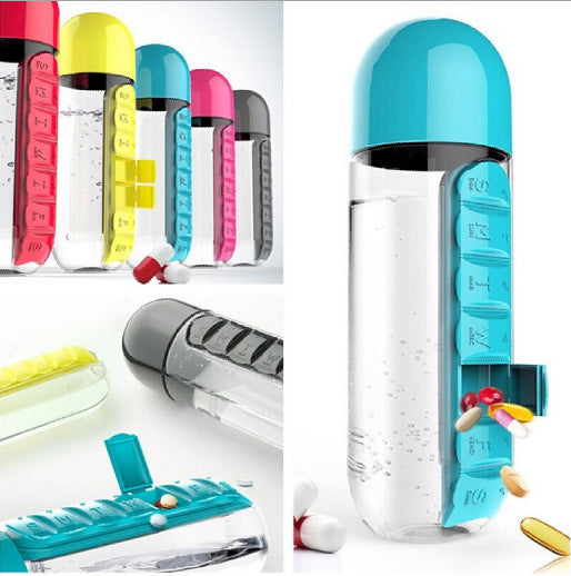 Two-in-One Medicine Bottle, Water bottle with medicine box, 7 compartments, Outdoor portable