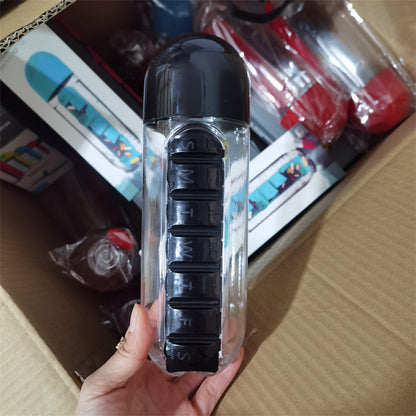 Two-in-One Medicine Bottle, Water bottle with medicine box, 7 compartments, Outdoor portable