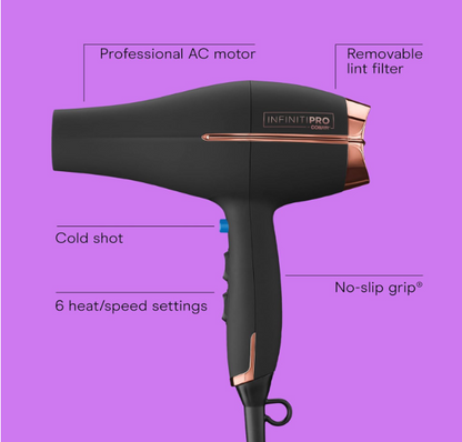 INFINITI PRO by CONAIR Hair Dryer, 1875W Blow Dryer with Diffuser and Concentrator, Ceramic Technology, 3 Heat & 2 Speed Settings, Cold Shot Button, Black